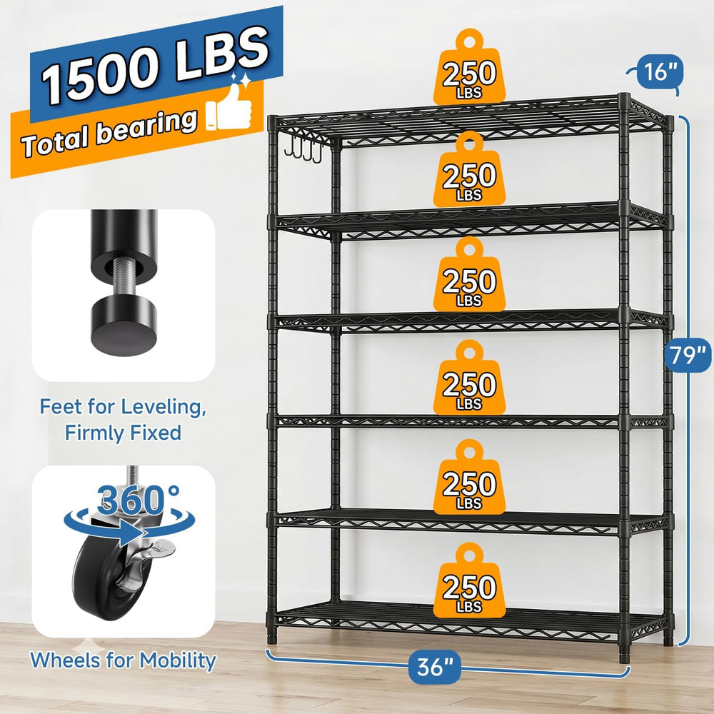 6 Tier 36" W x 16" D x 79" H Rolling Wire Metal Storage Shelve...