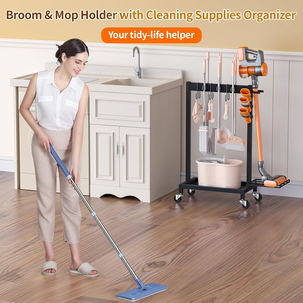 Broom Holder with Cleaning Supplies Organizer, 18" Wx11.8 Dx34.6 H