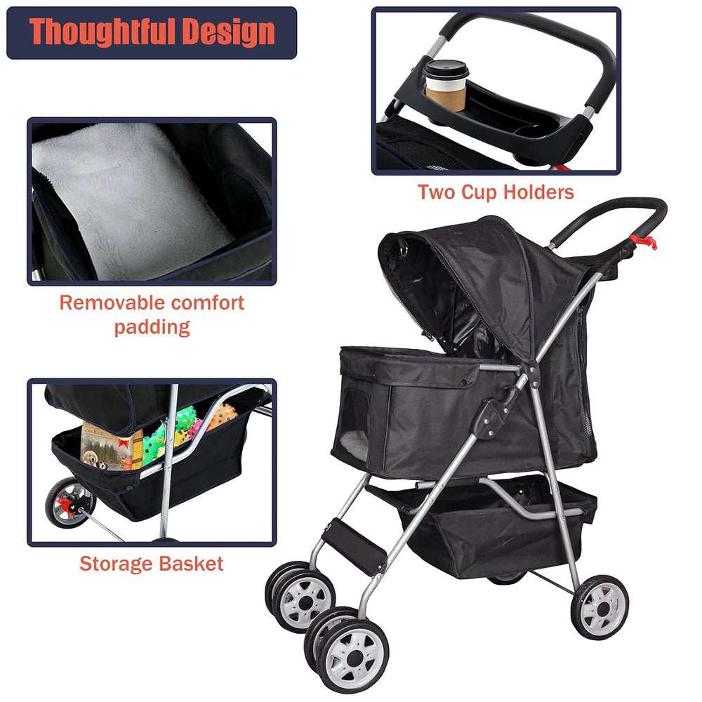 4 Wheels Pet Stroller for Dogs/Cats, Cat Dog Cage Stroller, Travel Folding Ca...