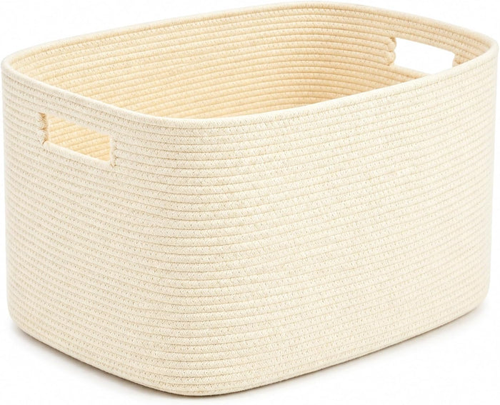 25.4GAL Collapsible Cotton Rope Extra Large Storage Basket For Bedroom Closet, Boho Rectangular Short Hamper Woven Storage Baskets for Living Room Throw Pillows Blankets Dirty Clothes, Beige