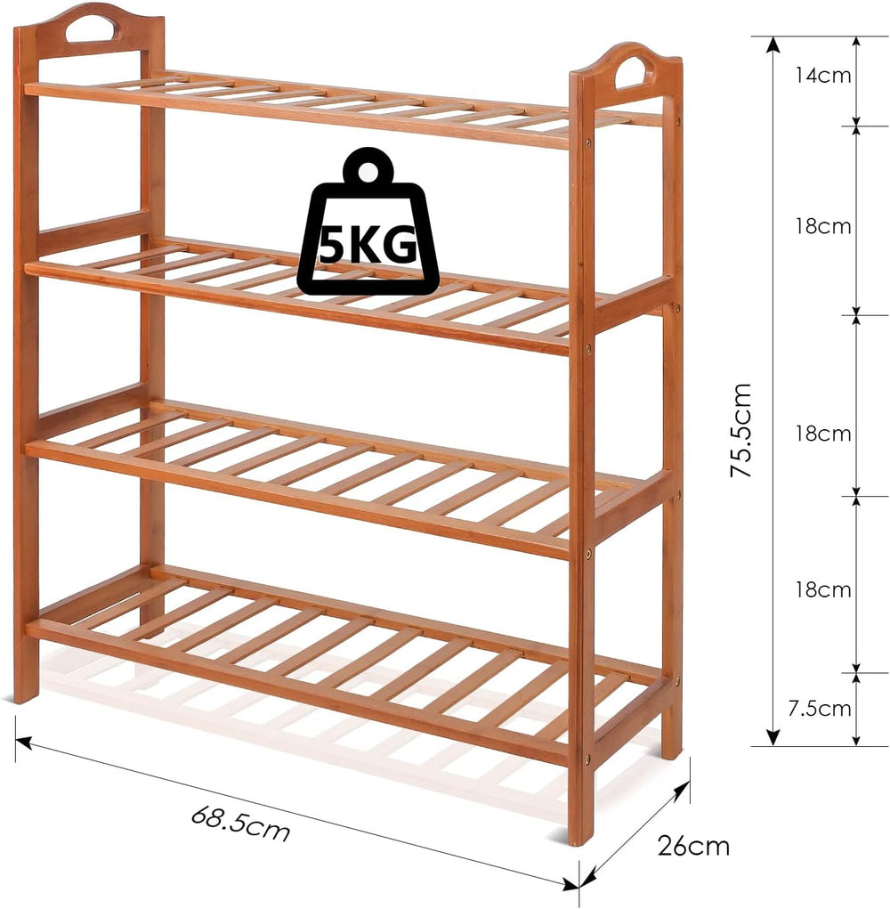 Bamboo Shoe Rack, 4-tier Shoe Shelf with Handle, Open Storage Shelf Organizer...