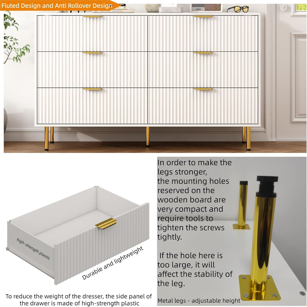 56" Wide Modern White Fluted 6 Drawers Dresser for Bedroom with Gold Handle