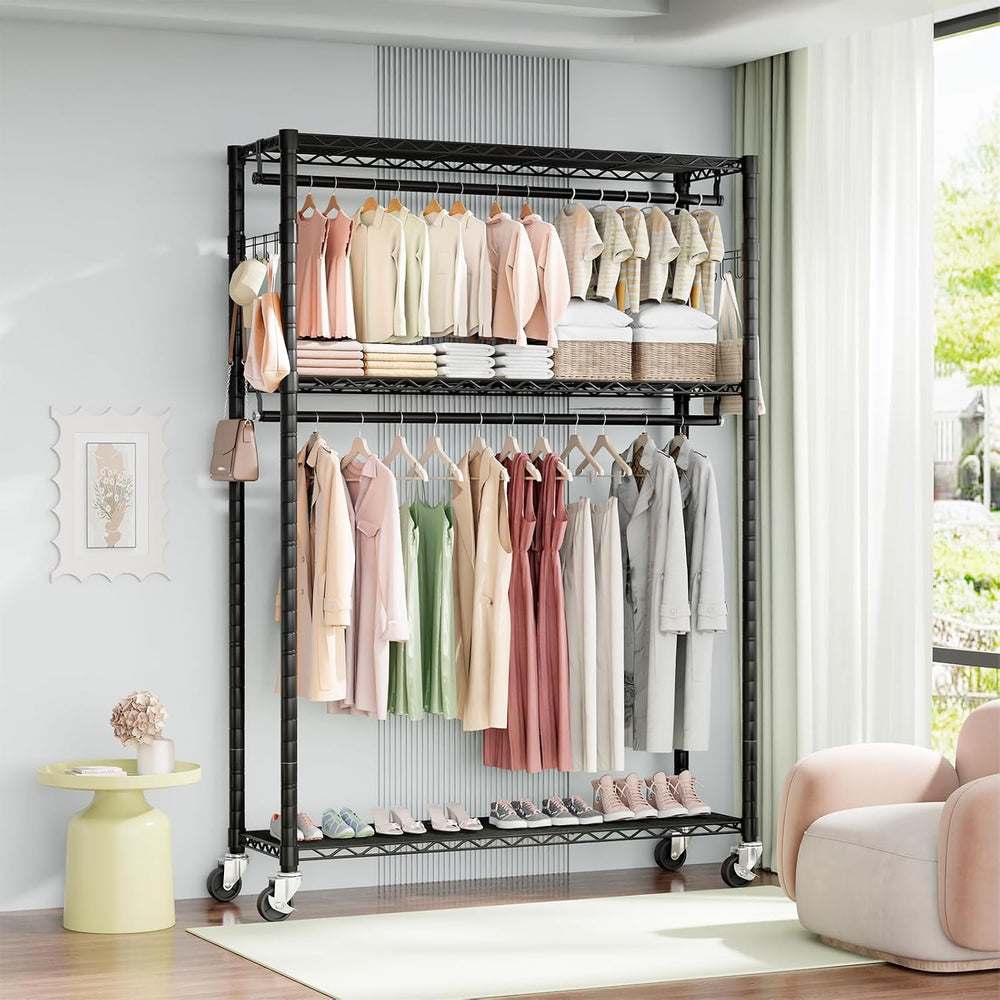 Heavy Duty Rolling Clothes Rack,500LB Small Clothes Rack with Wheels