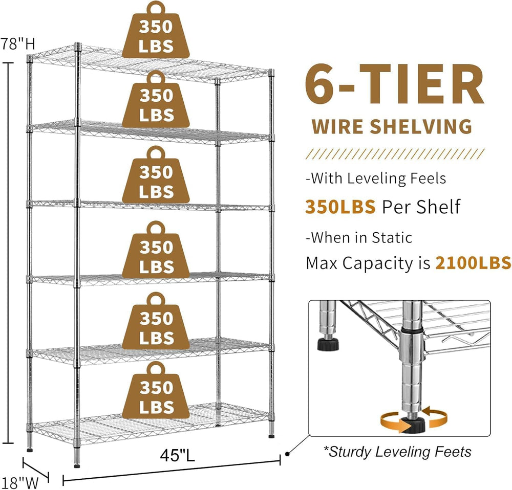 Wire Shelving Unit with Wheels, 6 Tier Adjustable Storage Shelves