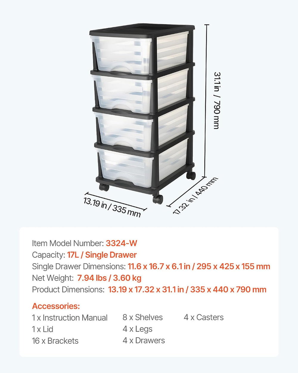 VEVOR Plastic Storage Drawers Cart, 4 Drawers Storage Organizer with Wheels, ...