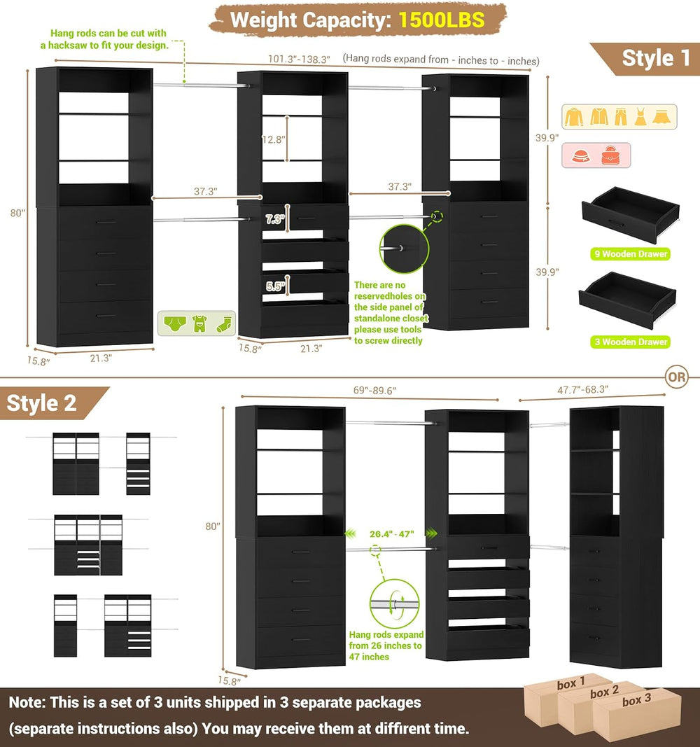 Aheaplus Closet System with 12 Drawers, 8.5-11.5Ft Wood Closet Organizer