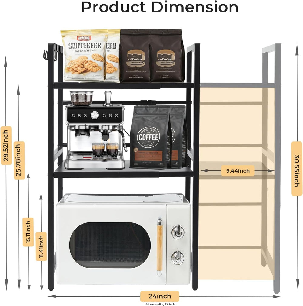 Expandable 3-Tier Microwave Rack with 6 Hooks, Adjustable Storage Shelf