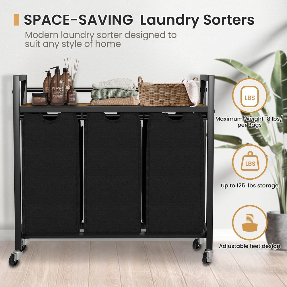 Laundry Sorter, Laundry Hamper 3 Section, 3×11.4Gal, Metal Frame Rolling Laun...