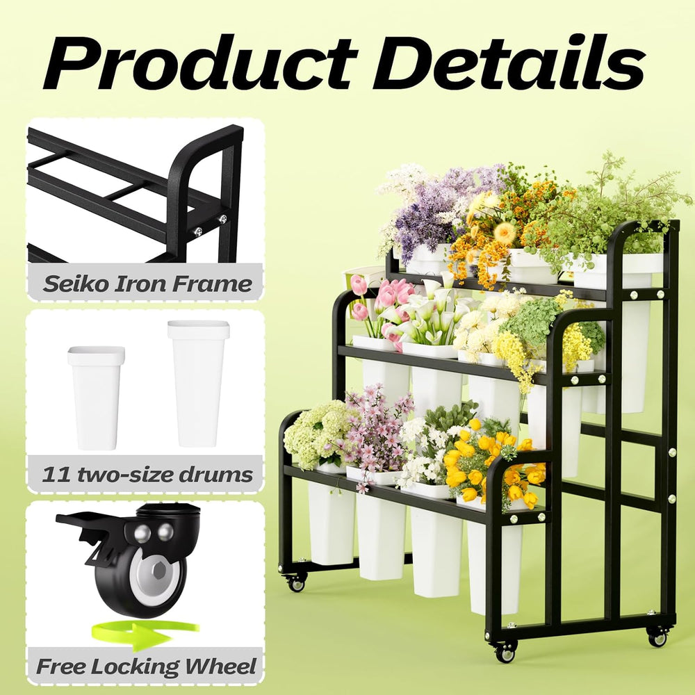 Heavy Duty Flower Bar with Buckets, 3-Tier Bouquet Bar Stand