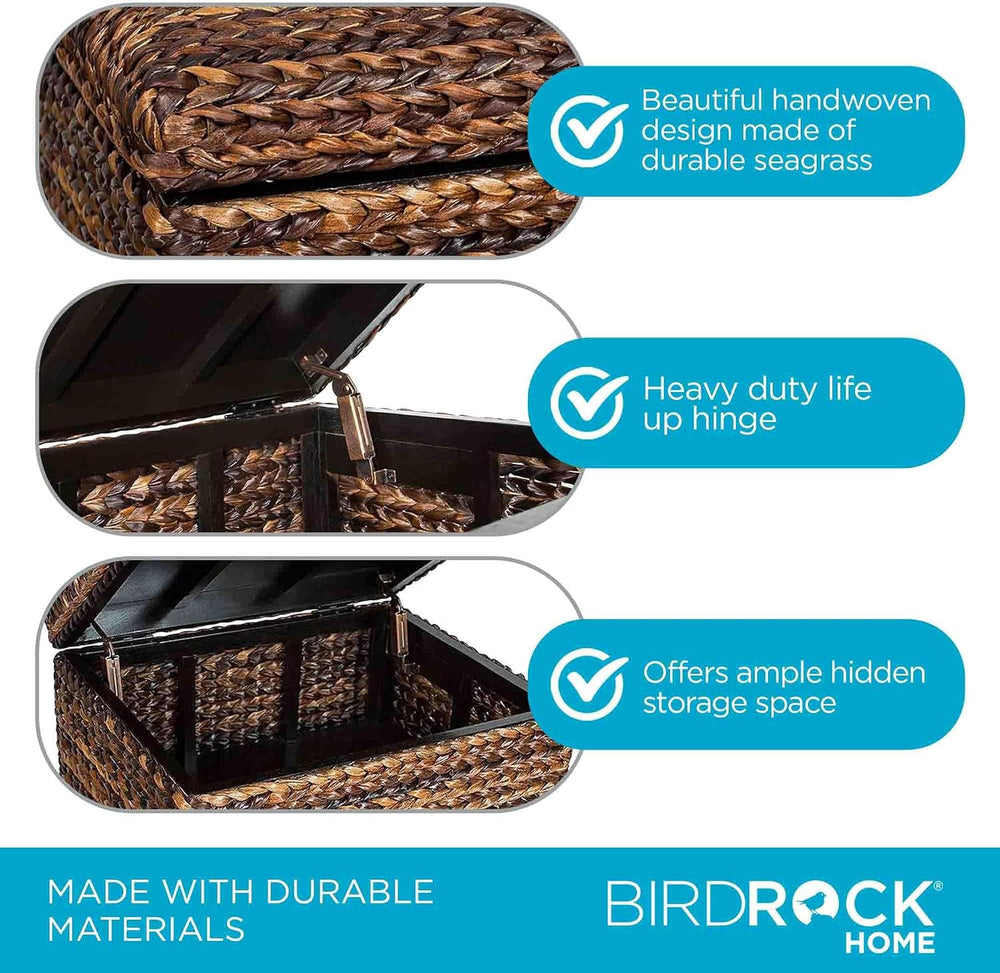 BIRDROCK HOME Woven Seagrass Storage Ottoman with Safety Hinges - Easy-to-Ope...