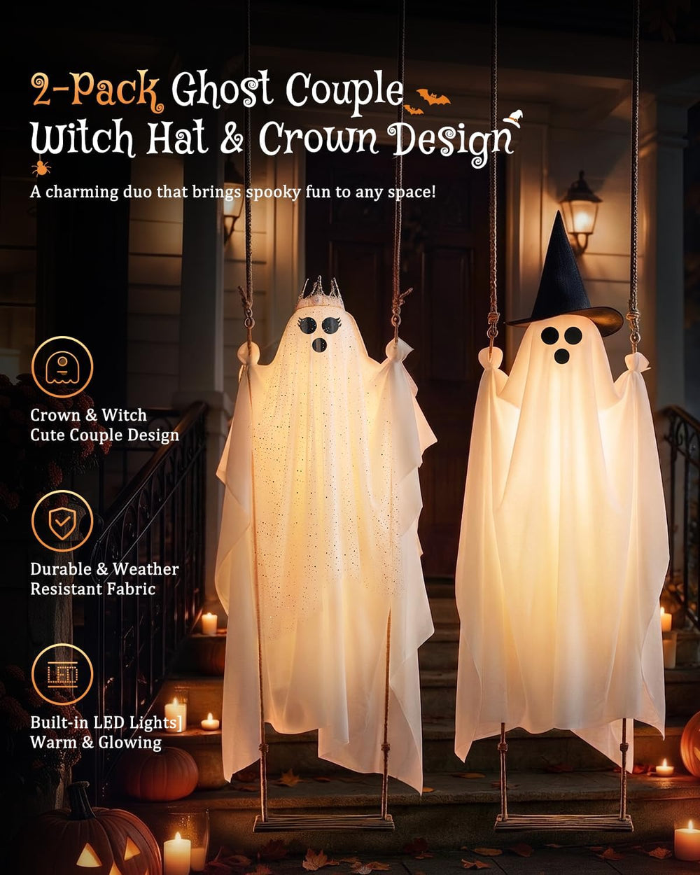 2-Pack Swinging Ghost, 4.5-7.2 FT Adjustable Halloween Decorations Outdoor