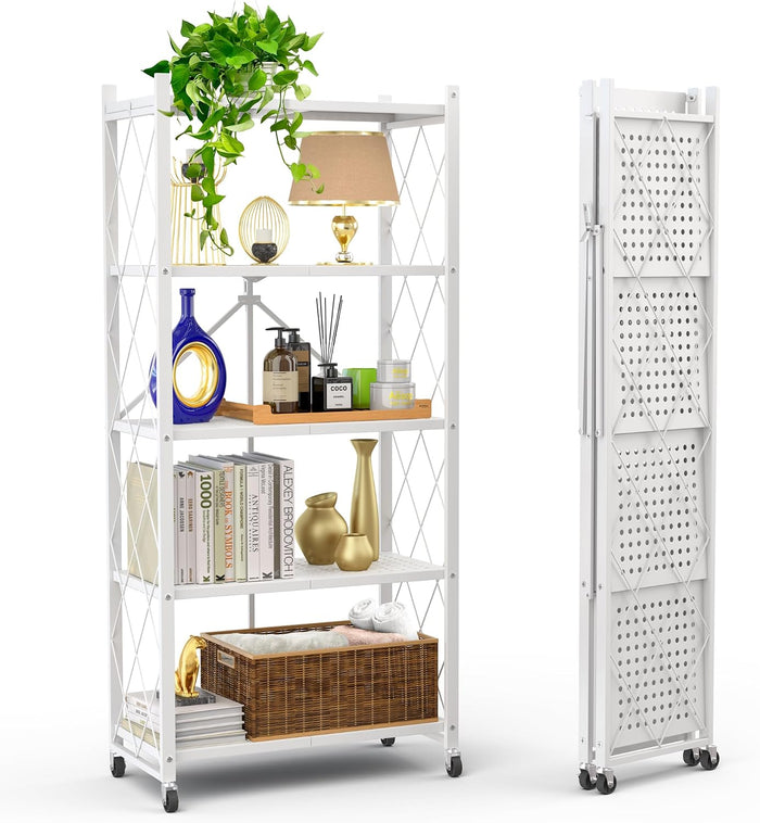 Our Modern Space 5-Tier Foldable Storage Shelf with Wheels | Metal Rack Collapsible Shelving Display | Rolling Cart for Books Kitchen Storage Shelves | Pantry & Closet Organizer | Office Room Decor