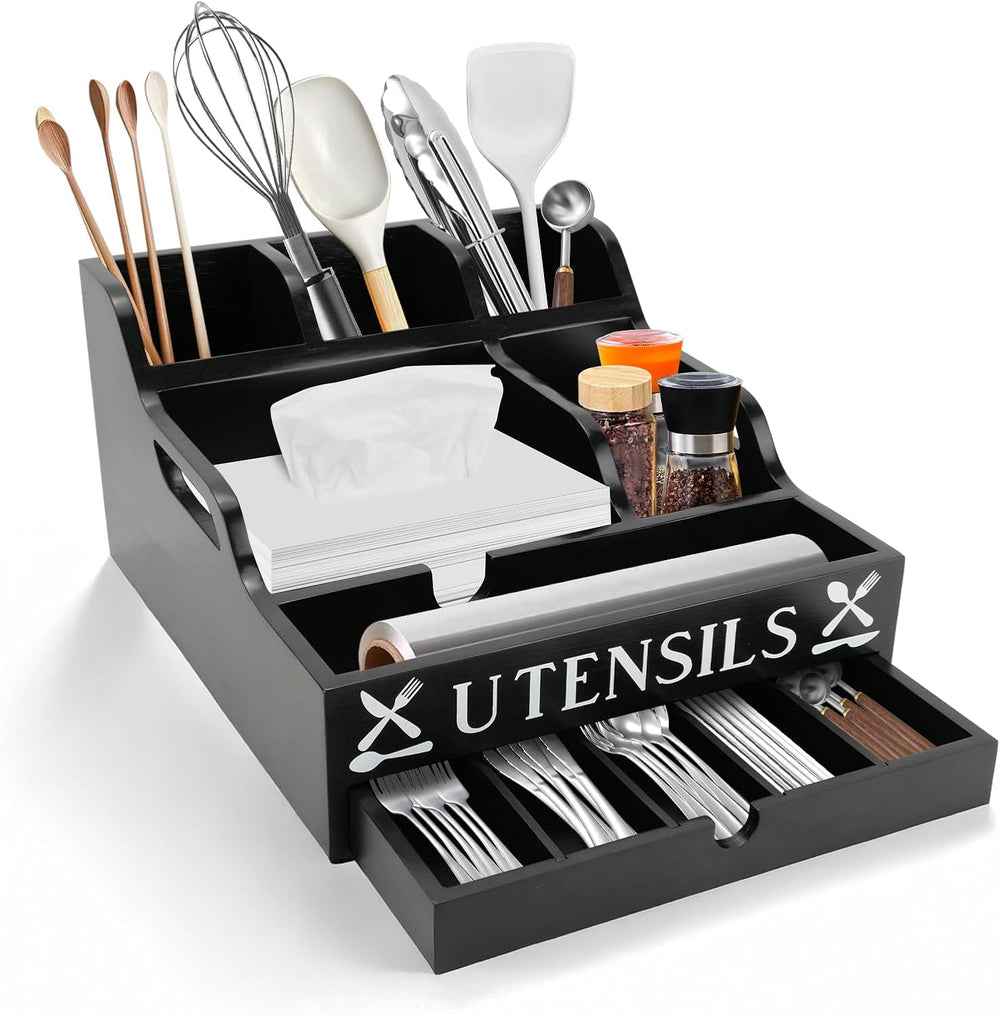 Kitchen Utensil Holder with Drawer, Farmhouse Spatula Organizer for Counterto...