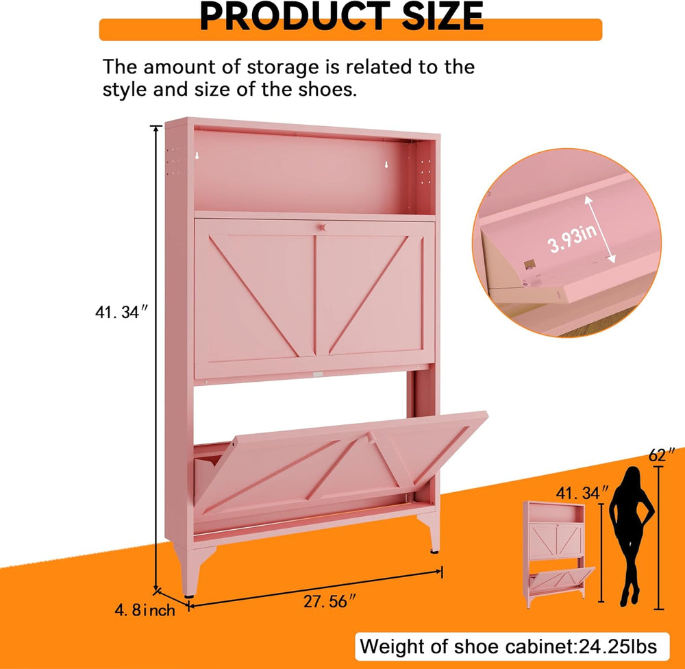 Shoe Cabinet with 2 Flip Drawers and Open Top Space-Metal Narrow Shoe Rack fo...