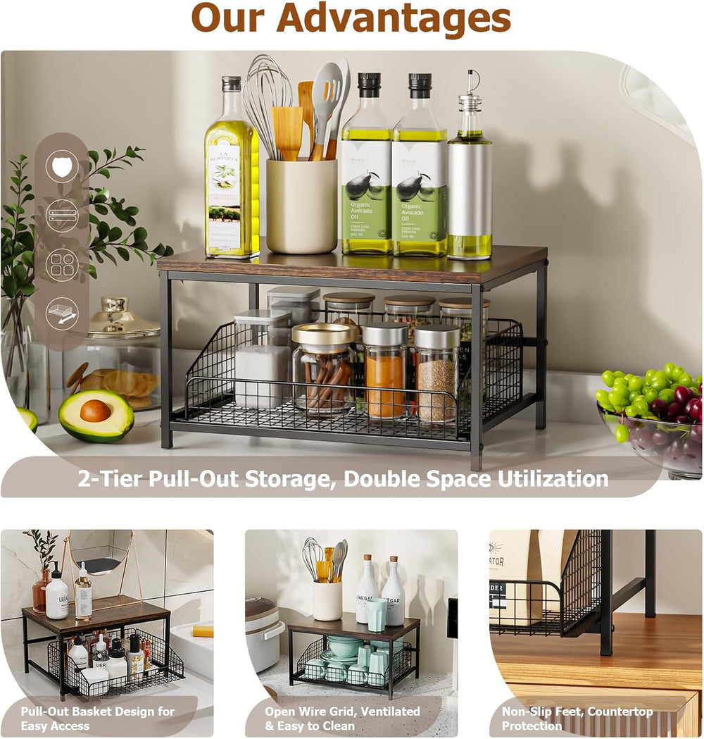 KLM Pull Out Spice Rack Organizer for Cabinet,Rustic Wood Top with Wire Baske...