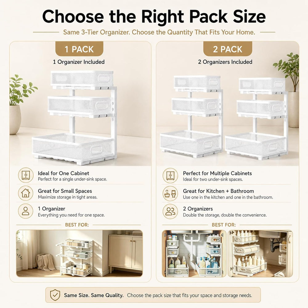 2 Pack 3 Tier Under Sink Organizer with Pull Out Drawer, Height Adjustable He...