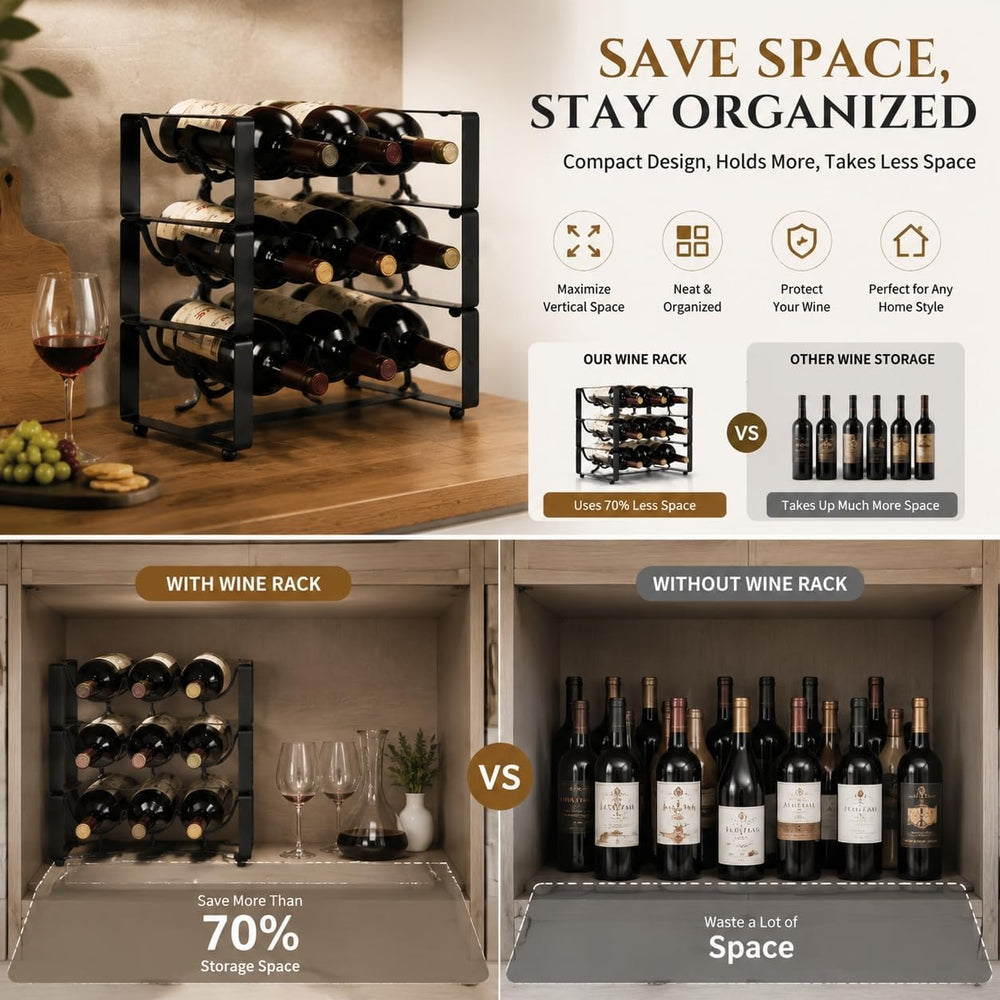 Wine Racks Countertop 3 Tier Stackable Wine Rack Tabletop Metal Wine Storage ...