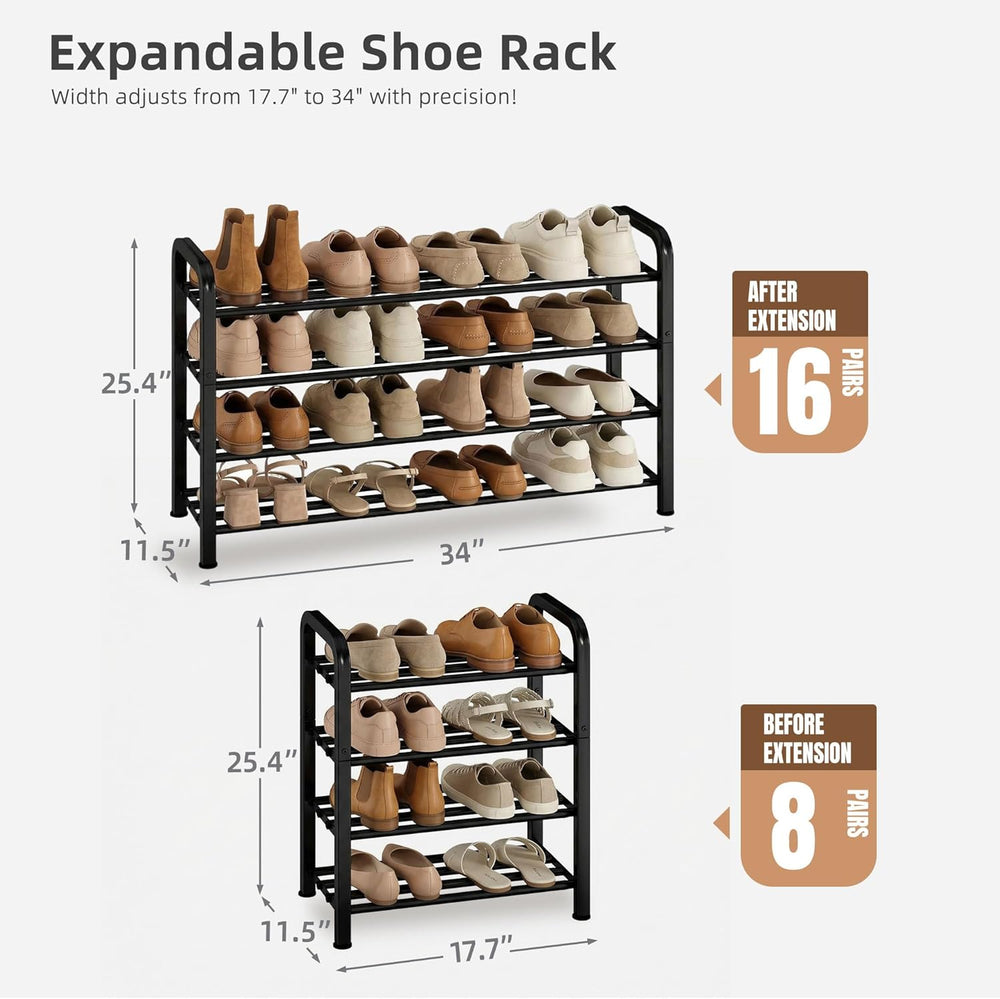 STORAGE MANIAC 4-Tier Expandable Shoe Rack, 16 Pairs Adjustable Shoe Shelf fo...