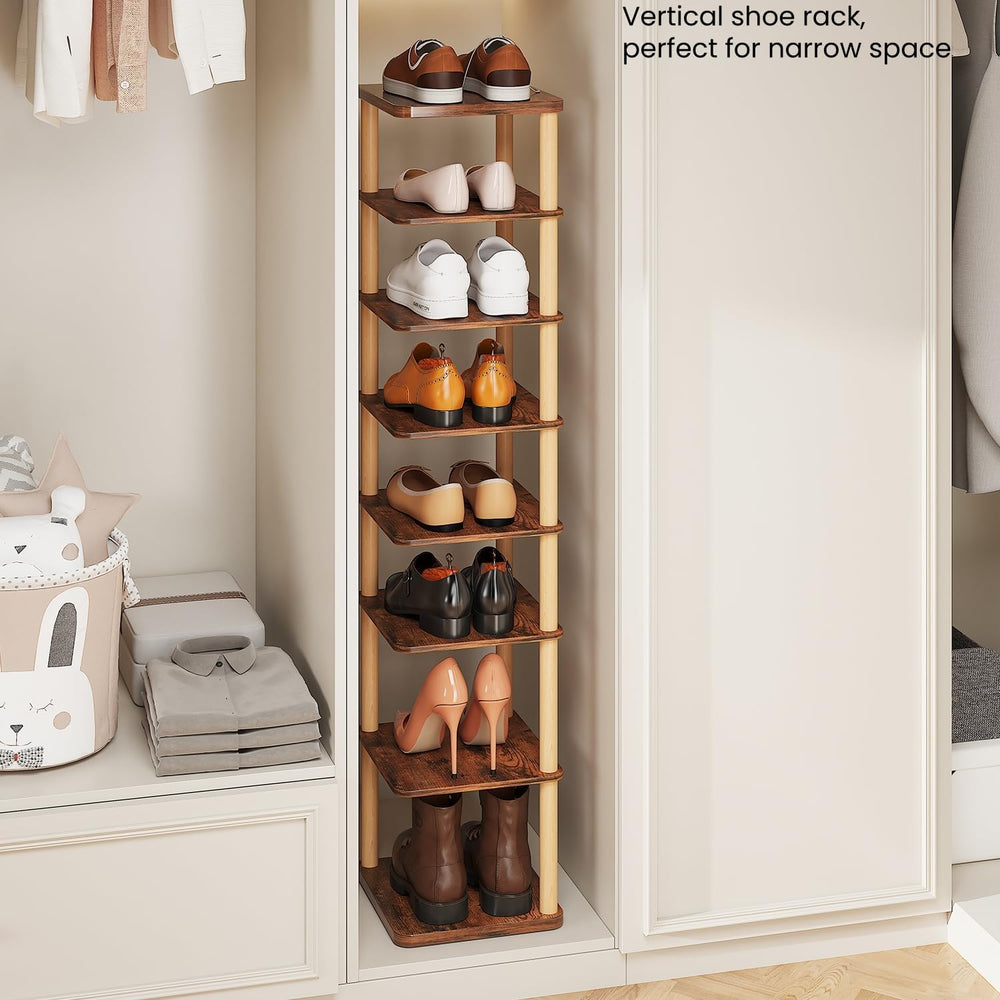 8 Tiers Vertical Shoe Rack, Tall Narrow Shoe Tower, Corner Shoe Rack, Brown