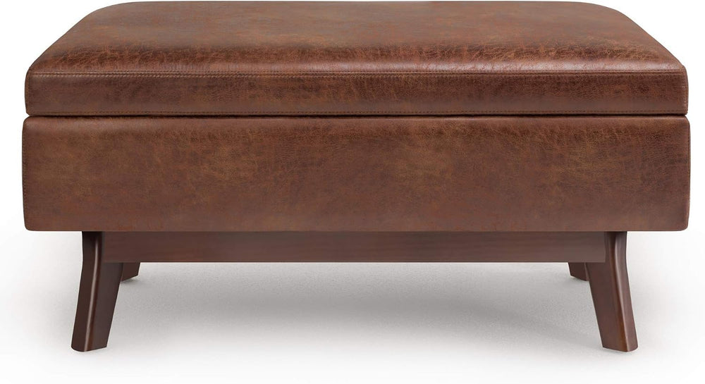 SIMPLIHOME Owen 36" Wide Vegan Leather Lift Top Ottoman in Saddle Brown