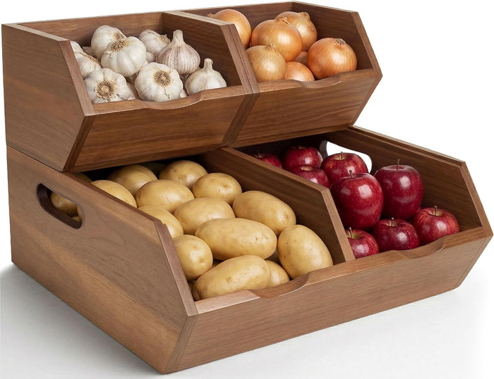 Acacia Pantry Storage Bins Set of 3, Stackable Potato Onion Wood Baskets