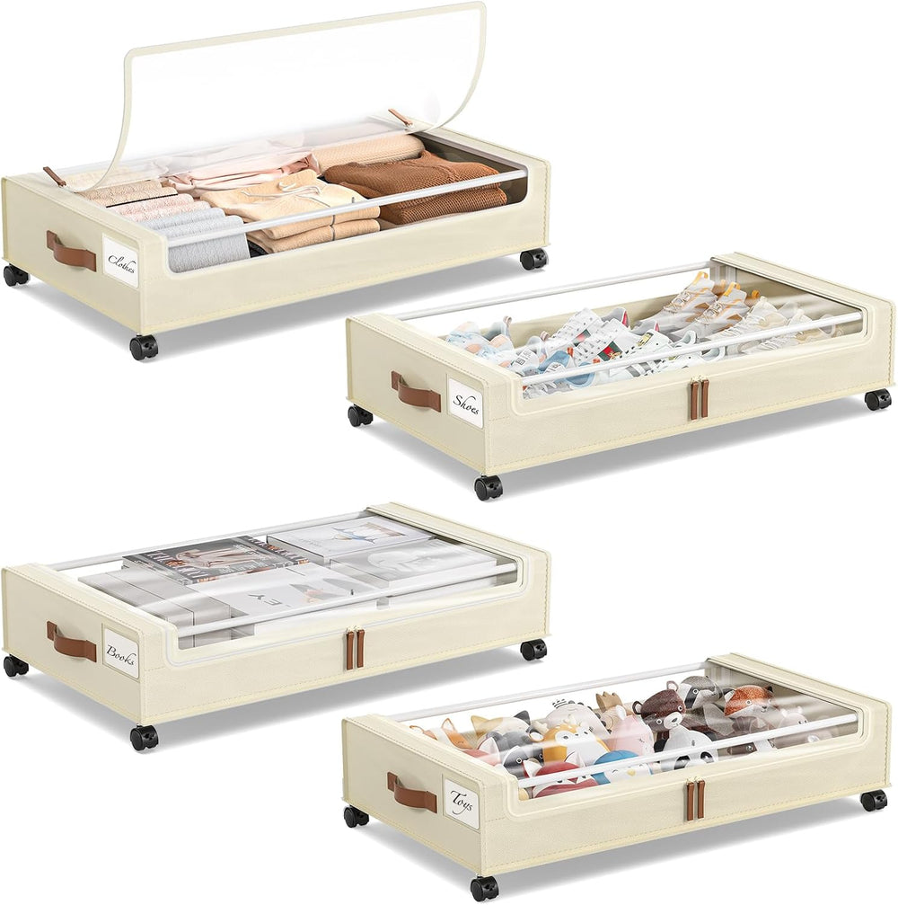 Yecaye 4 Pack Under Bed Storage with Wheels, Under Bed Storage Containers wit...