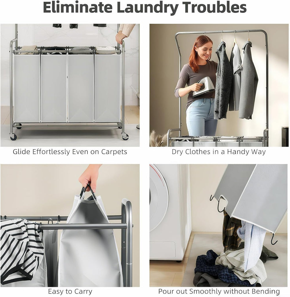 ROMOON Laundry Hamper Sorter Cart, 4 Section Organizer with Hanging Bar