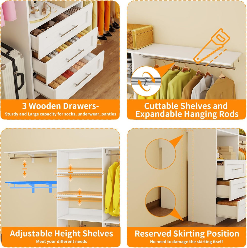 Closet System with 3 Wood Drawers, 5-7.61FT Closet Organizer System with Cutt...