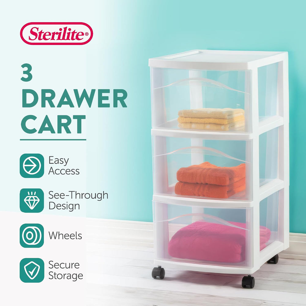 Sterilite 3-Drawer Cart with Wheels, White, 2-Pack