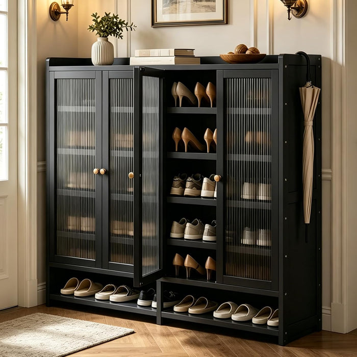 7 Tier Bamboo Shoe Cabinet - Shoe Storage Cabinet with Doors, 35-40 Pairs Bamboo Shoe Storage Rack, Entrance Shoe Cabinet for Hallway Living Room Entryway (Black-1)