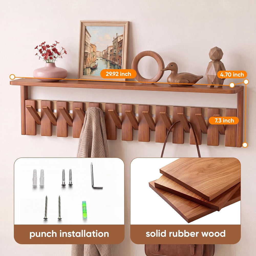 Wall Mounted Coat Rack with Shelf, 12 Flip-Down Hooks, Walnut
