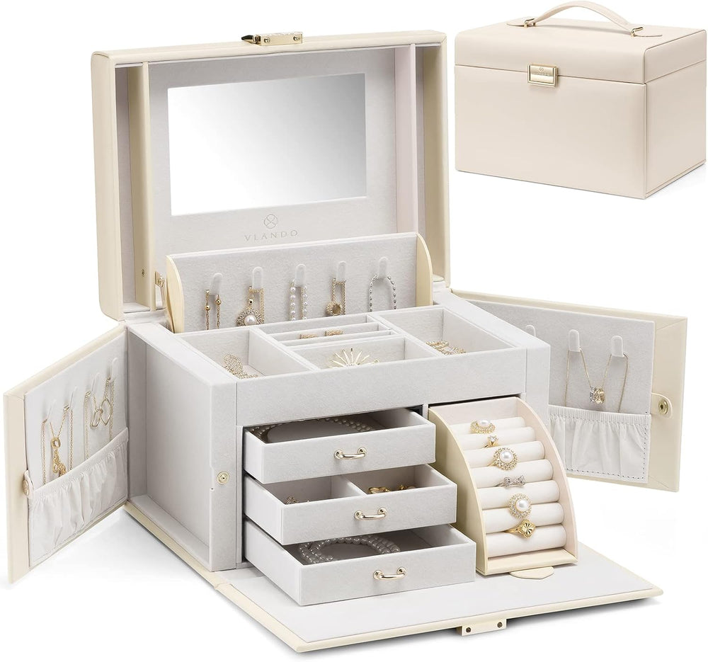 VLANDO Jewelry Box for Girls with Mirror and 3 Drawers,Apricot White