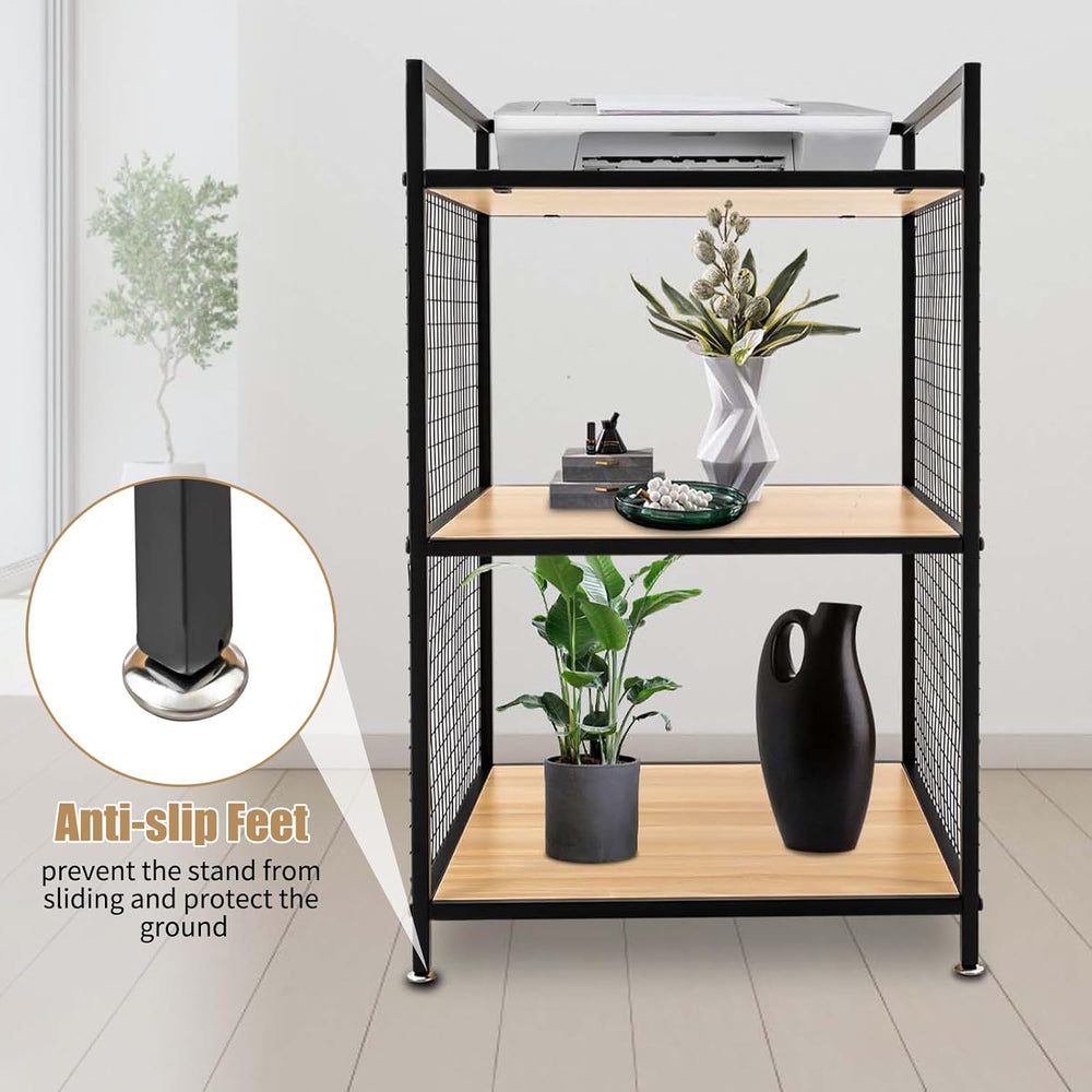3-Tier Shelving Unit, Metal Small Bookshelf, Rustic Wood Storage Shelf with M...