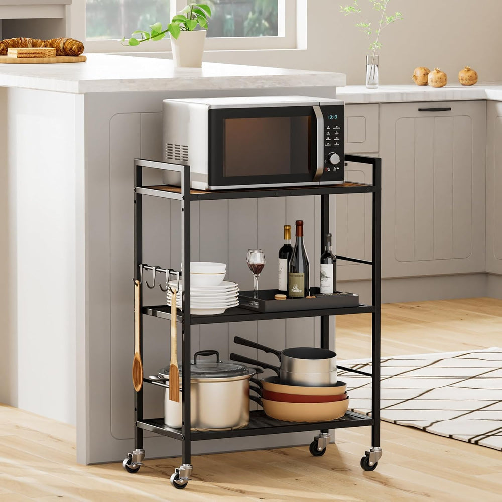 3-Tier Metal Storage Rack with Industrial Wheels,Mesh Shelving Unit with Wood...