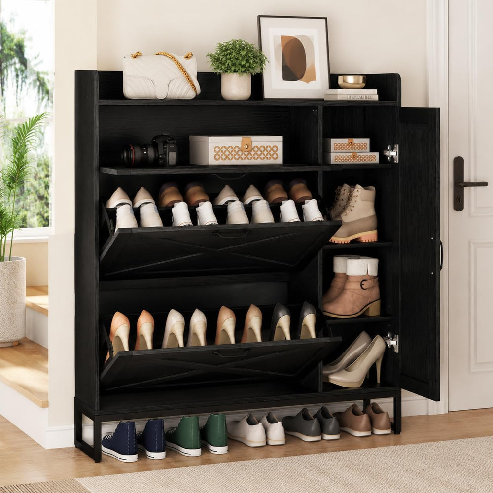Loomie Farmhouse Flip Drawer Shoe Cabinet, Shoe Organizer with Side Cabinet