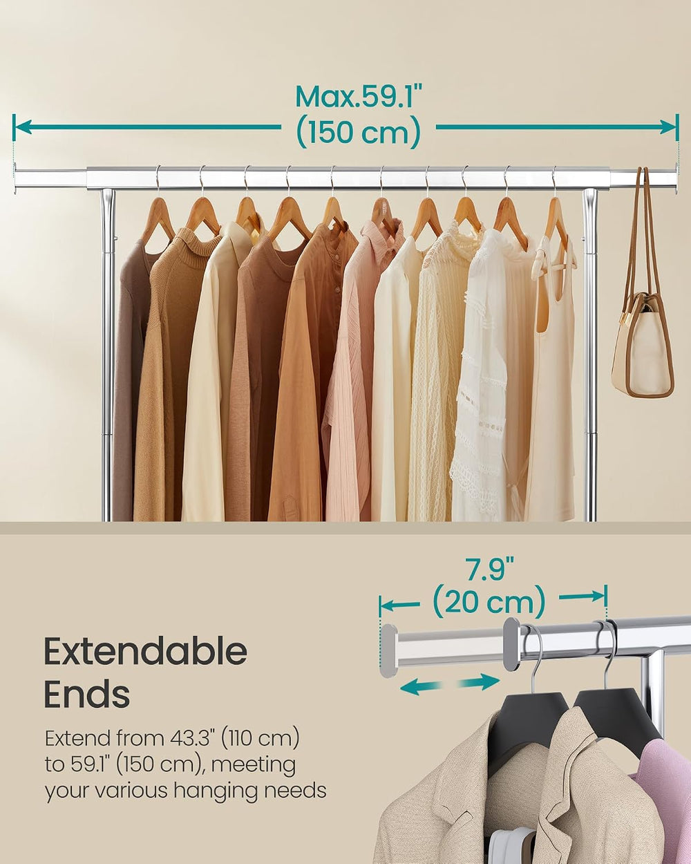 SONGMICS Clothes Rack with Wheels, Heavy-Duty, Extendable Hanging Rod