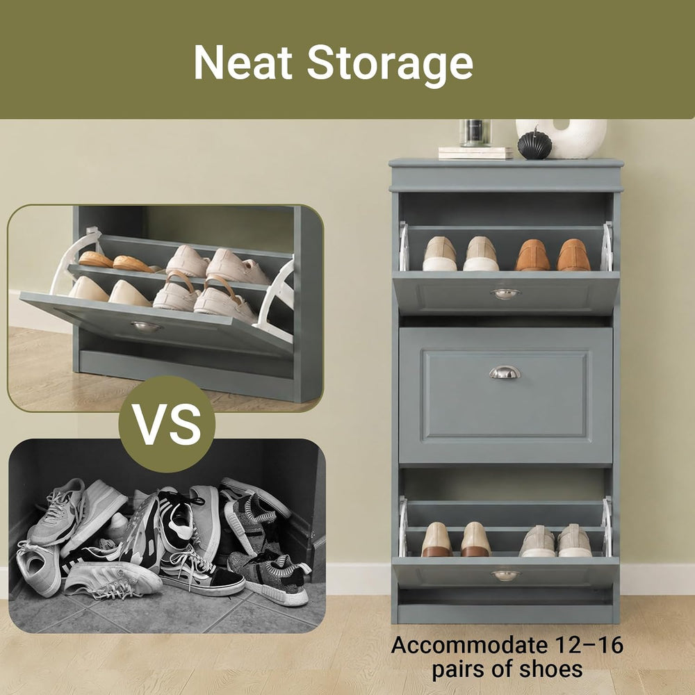 Haotian FSR94-HG, Grey Shoe Storage Cabinet with 3 Flip Drawers, Freestanding...