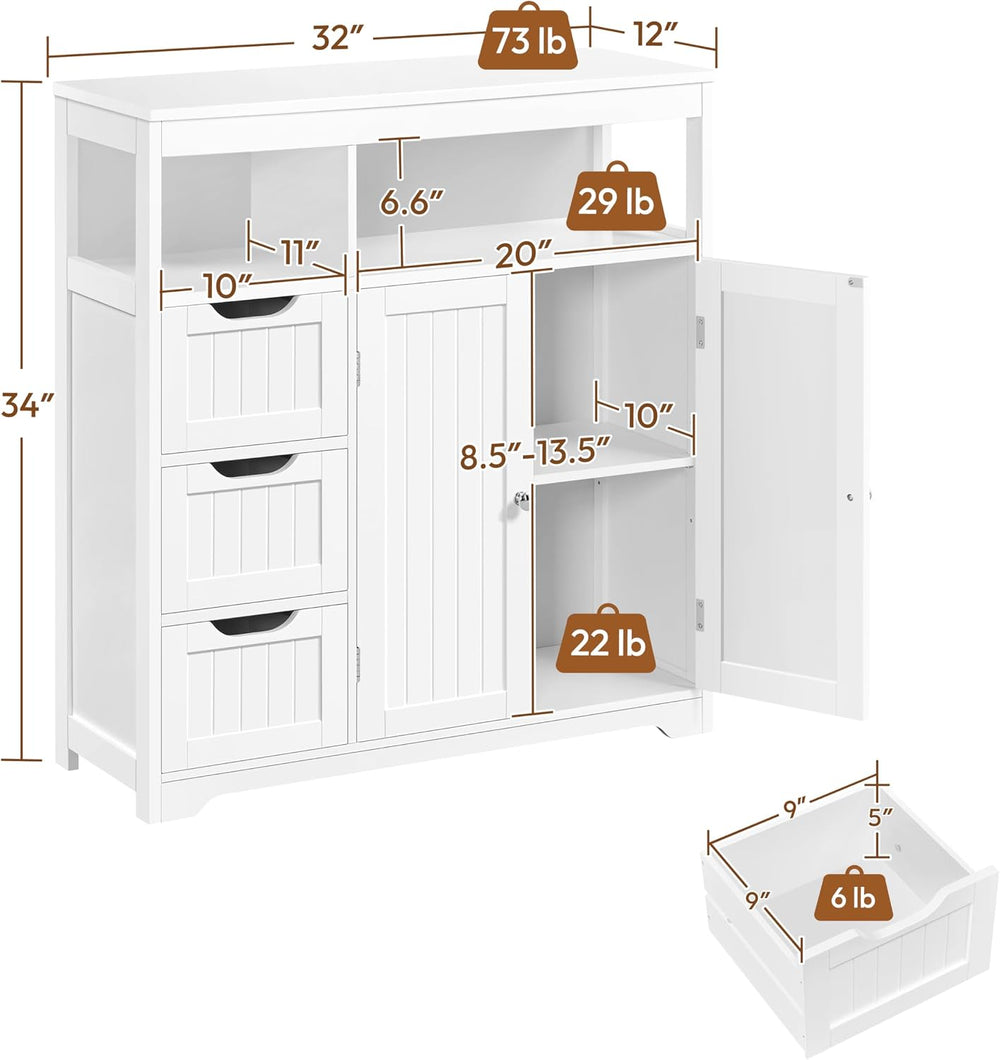 Yaheetech Small Bathroom Storage Cabinet with 3 Drawers & 2 Doors, White