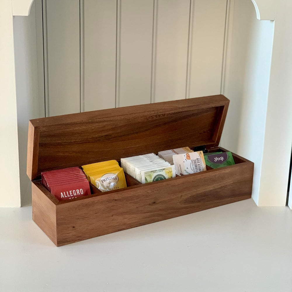 Ironwood Gourmet Large 5 Compartment Tea Box, Acacia Wood Tea Bag Organizer W...