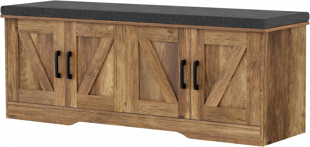HOMSHO Farmhouse Shoe Storage Bench with 4 Barn Doors & Padded Seat Cushion