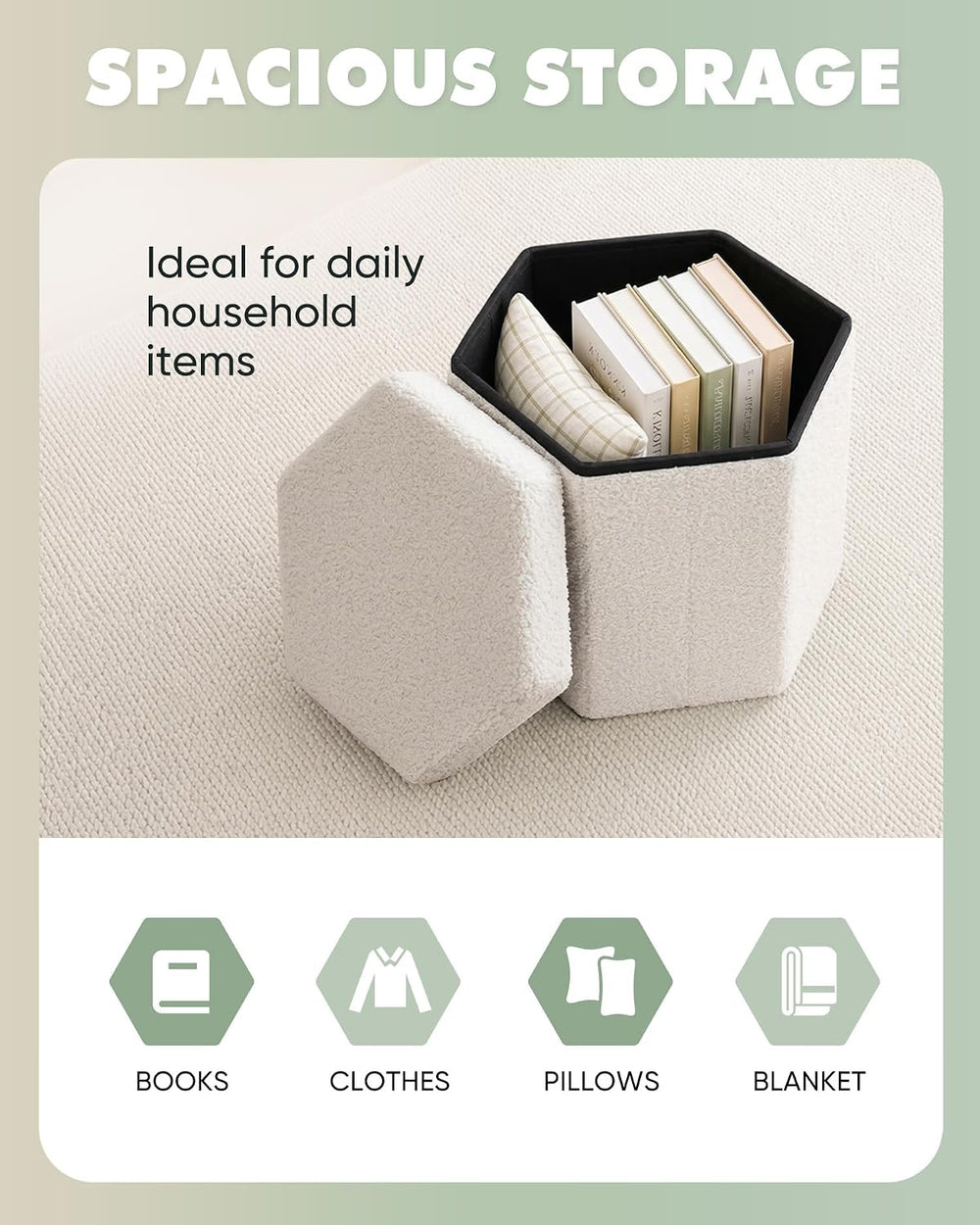 B FSOBEIIALEO Storage Ottoman,15" Hexagonal Teddy Pouf Ottomans,Cream White