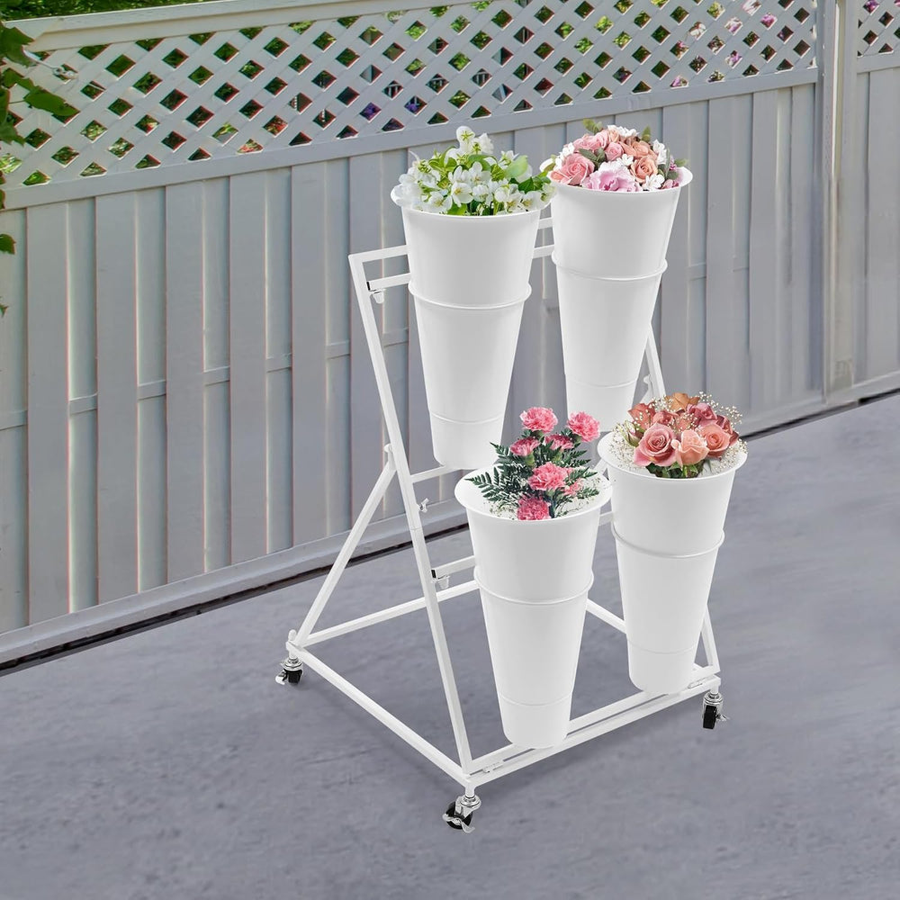 Flower Display Stand with 6 Buckets, Movable Plant Display Stand on Wheels fo...