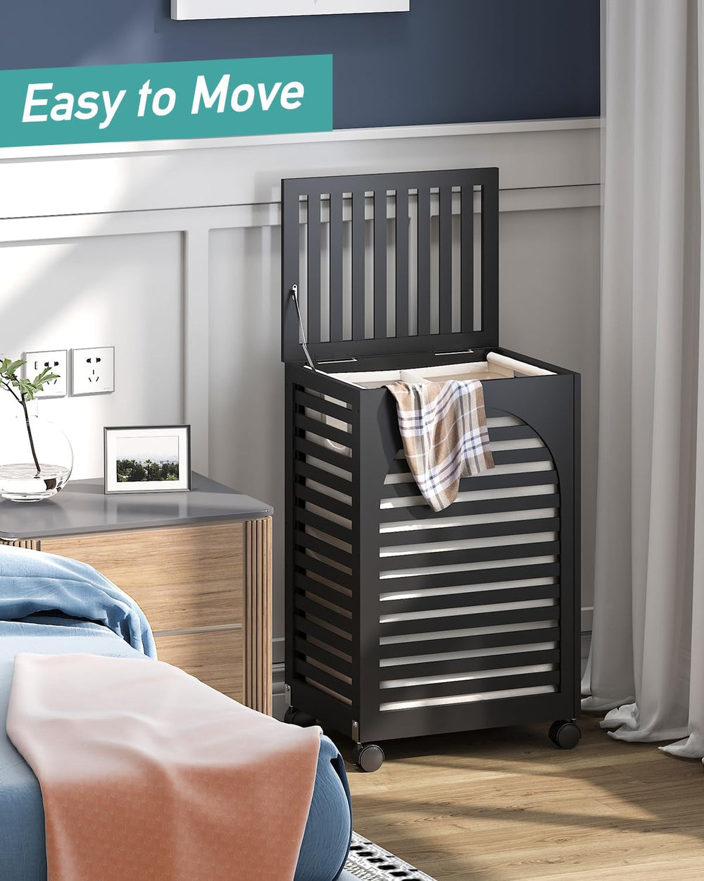 Black Laundry Hamper with Wheels, Laundry Basket with Lid, 22.5 Gallon (85L) ...
