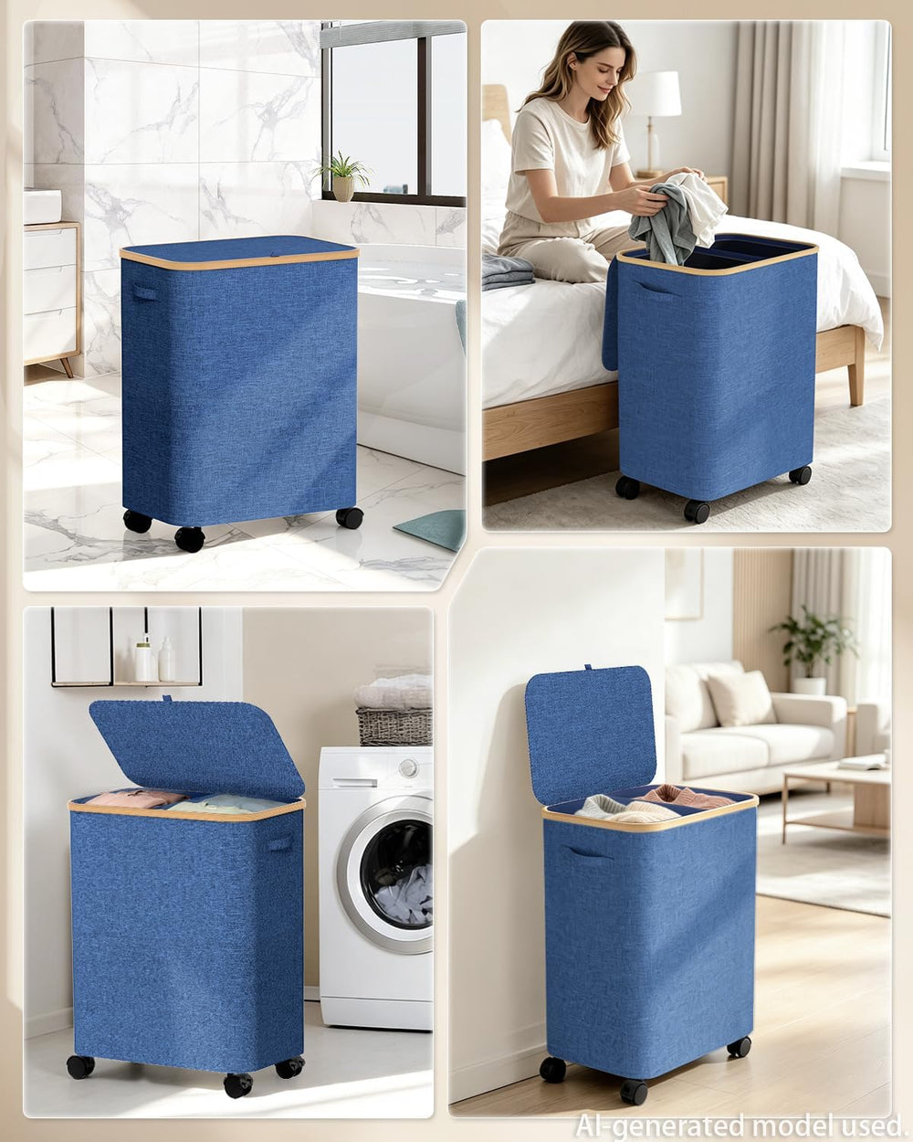 Double Laundry Basket with Wheels and Lid, 150L Clothes Hampers for Laundry