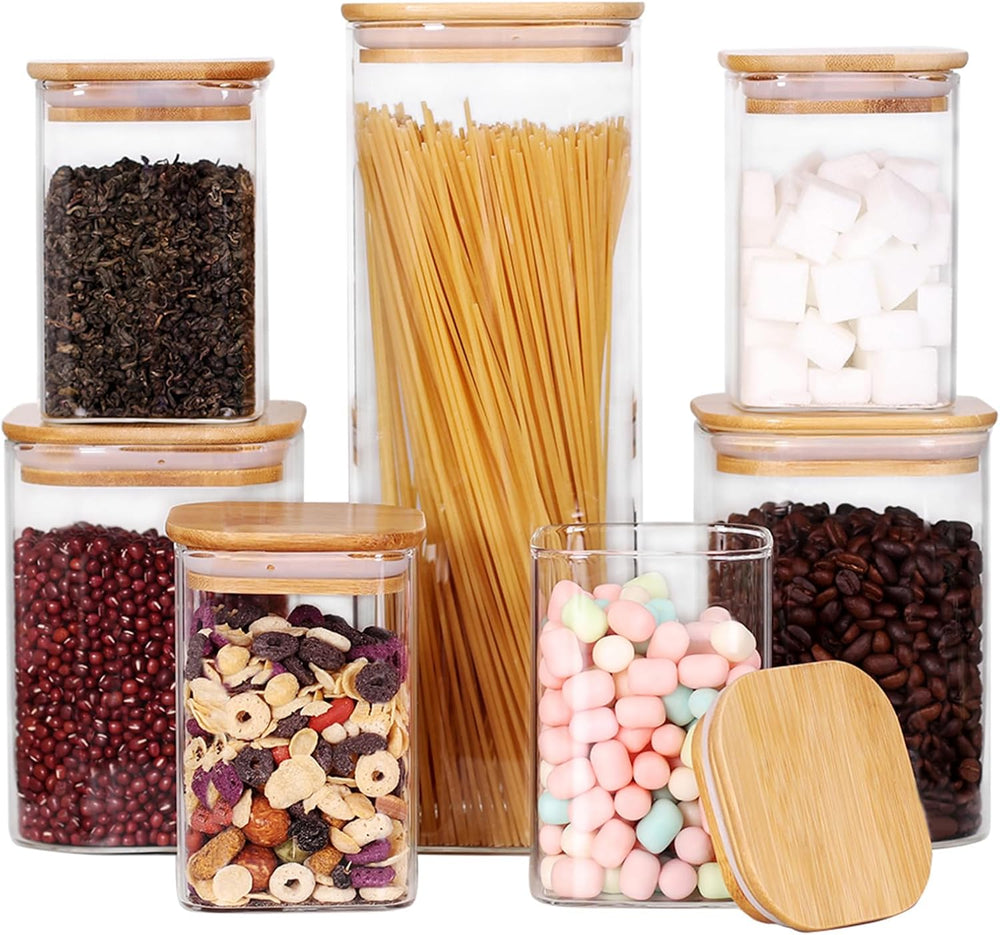 LEAVES AND TREES Y Glass Storage Canister with Wooden Lid, Set of 7 Square Gl...