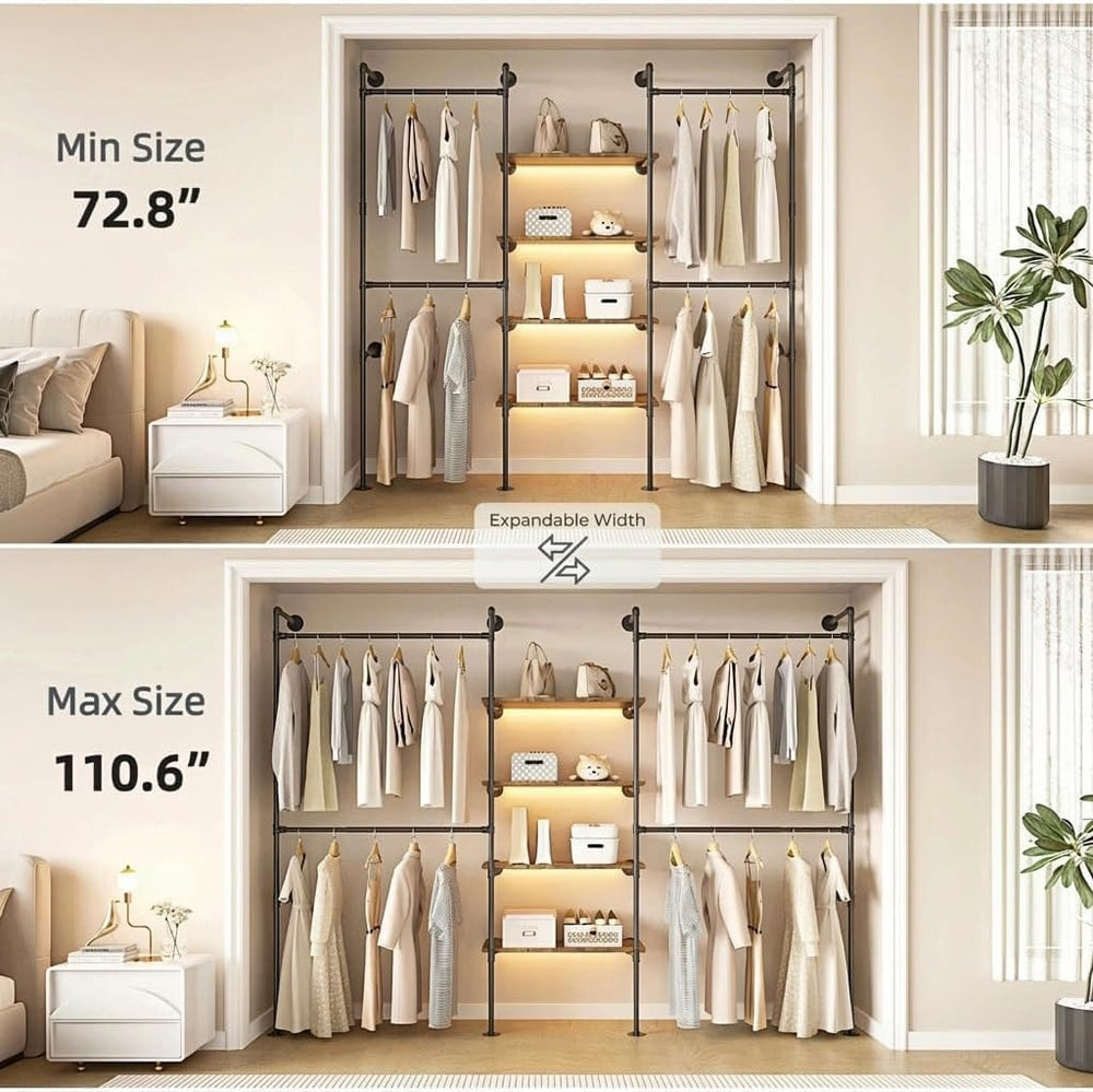 Expandable Industrial Pipe Clothing Rack with LED & Shelves