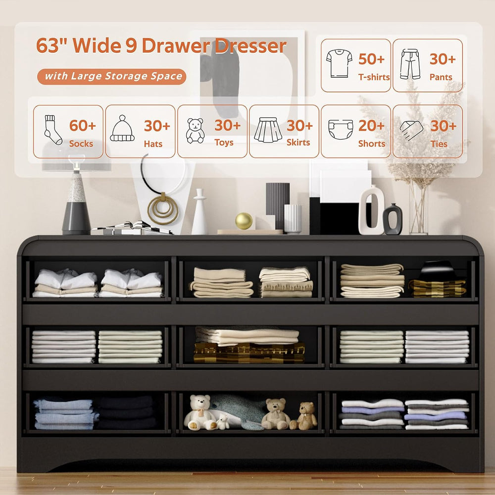 Dresser for Bedroom with 9 Drawers, 63" Large Modern Dressers, Black