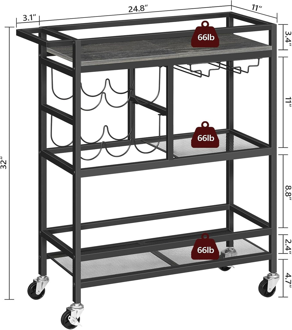 MAHANCRIS Bar Cart for Home, 3-Tier Serving Cart with Wheels and Handle, Beve...