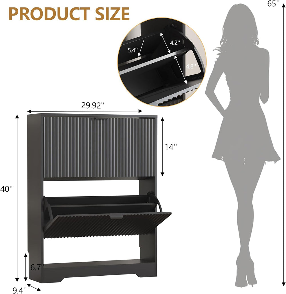 HUANLEGO Shoe Cabinet Storage for Entryway with 2 Flip Drawers, Black Fluted ...