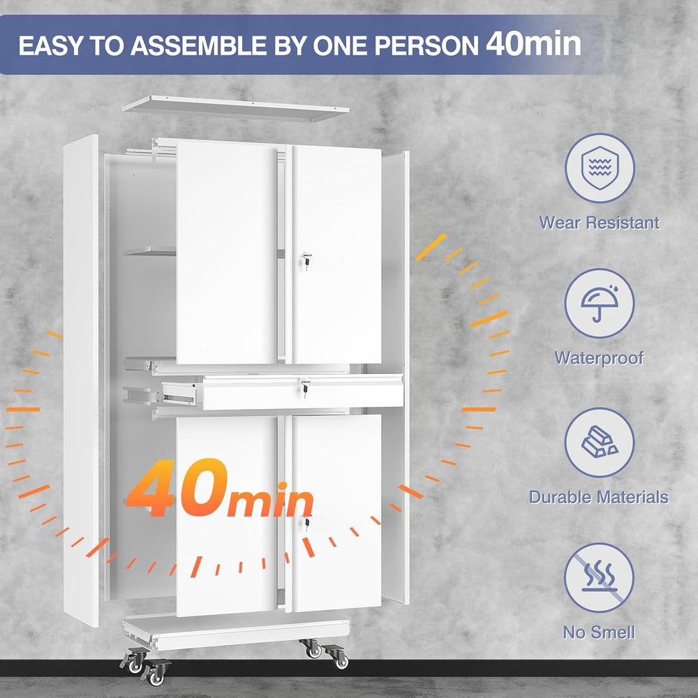 73" Metal Garage Storage Cabinet with Wheels， Rolling Tool Storage with ...